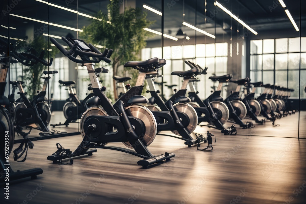 Fototapeta premium Interior of a fitness hall with rows of exercise bikes in the gym, rows of stationary bikes and health exercise equipment for bodybuilding in gym's modern fitness center room, AI Generated