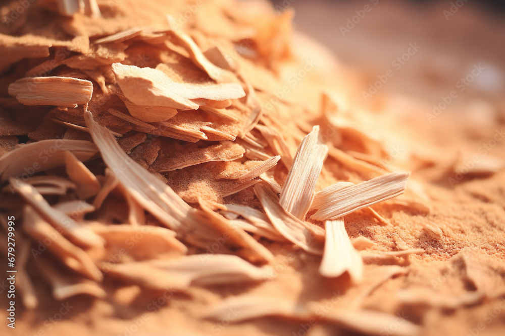 Sandalwood shavings in a close-up, presenting a natural and aromatic scene for woodworking enthusiasts