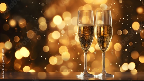 Champagne glasses filled with sparkling champagne. Bokeh, blurry background. Special occasion, celebration, date night, new year, Christmas, birthday, wedding concept 