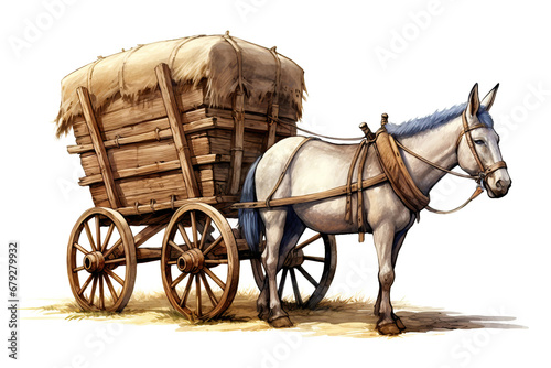 Ancient wagon cart with mule, illustration generated by AI photo