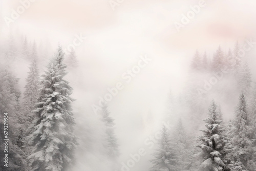 Mystical winter landscape with pine trees, fog, and soft snow, presenting a serene and enchanting natural scene