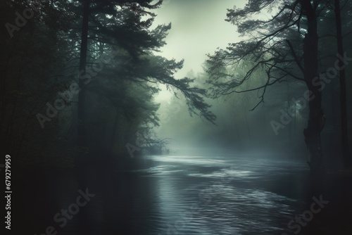 Mysterious and spooky forest scene with fog and reflections, ideal for fantasy or horror-themed designs