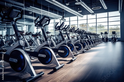 Modern fitness hall with row of exercise bikes. Toned image, rows of stationary bikes and health exercise equipment for bodybuilding in gym's modern fitness center room, AI Generated
