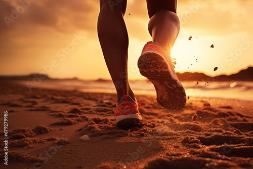 Runner athlete running on beach. woman fitness jogging workout wellness concept, Running at the Beach, close up of leg, dreamy sunset effect, AI Generated