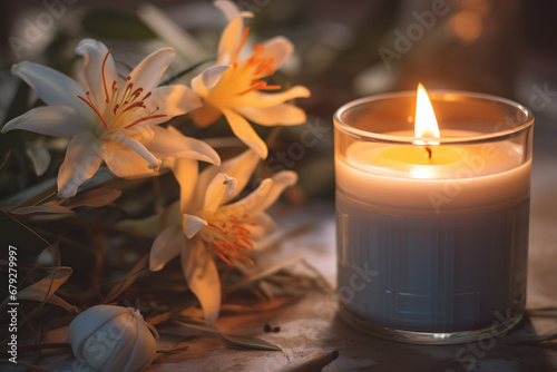 Aromatherapy candle with flowers, creating a romantic and relaxing atmosphere with soft illumination and fragrance