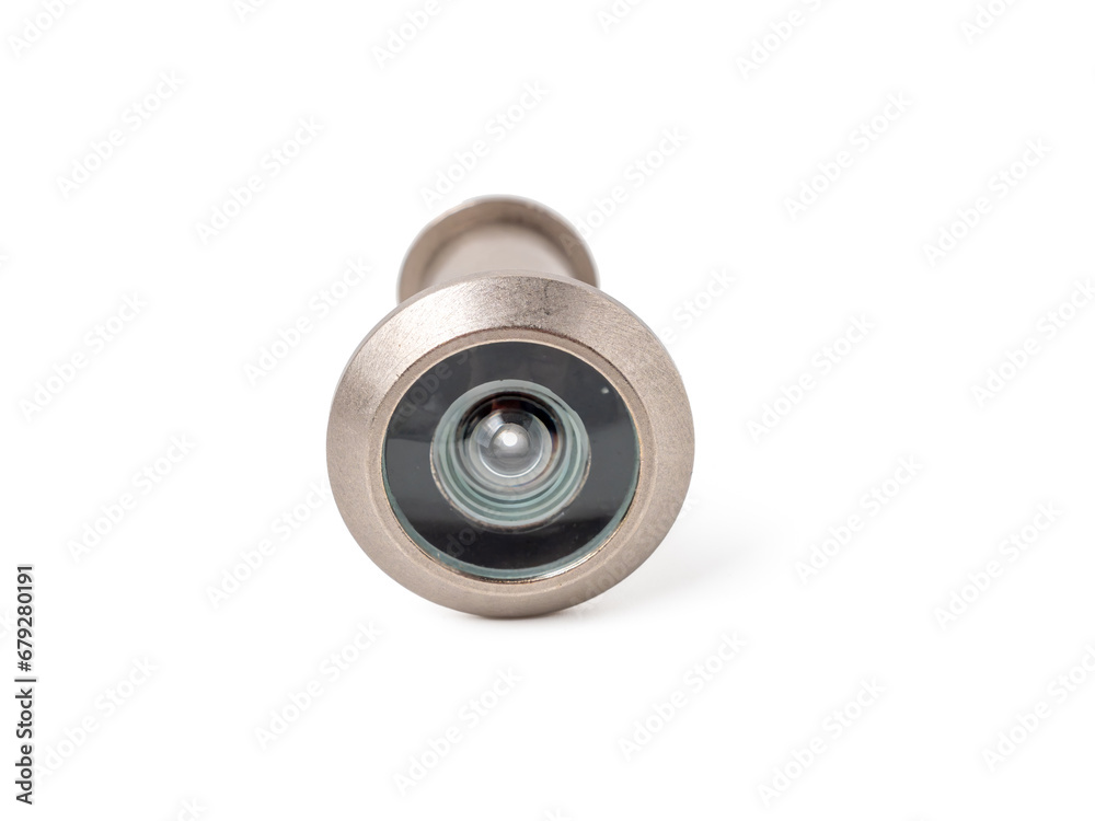 Classic door peephole isolated on white background. Peephole on white. Classic door peephole isolated on white background. Peephole on white.