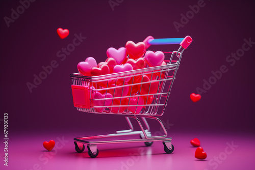 A shopping cart with glowing red hearts under neon lights. Valentine's Day.