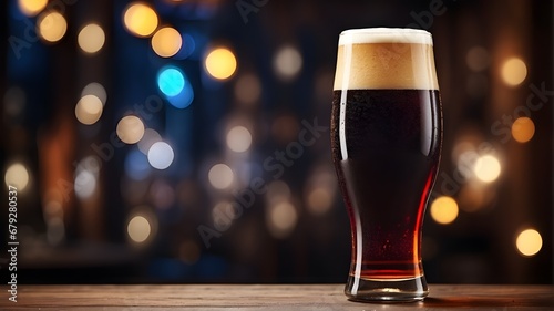 Dark Lager beer: bitter and sweeter as well as more malty, Altbier and Bock filled in the beer glass on the table, bokeh lights background, copy space photo