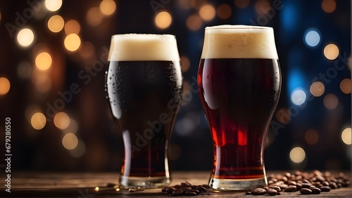 Dark Lager beer: bitter and sweeter as well as more malty, Altbier and Bock filled in the beer glass on the table, bokeh lights background, copy space