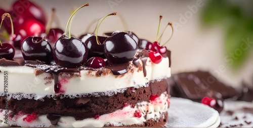 Schwarzwälder Kirschtorte: A delicious cake Black Forest Gateaux, layered chocolate sponge includes cherries, jam filling, and cream on the table, bokeh background copy space photo