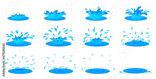 Water ripple animation. Cartoon splash fx effect 2d game, sprite sheet frames liquid drop, storyboard motion effect rain drops, flash sea set, neat png illustration