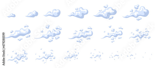 Exhaust animation. Animate smoke cloud, cartoon dust 2d animated effect for game, frame sprite sheet motion steam, emission gas storyboard fast movement smog neat png illustration
