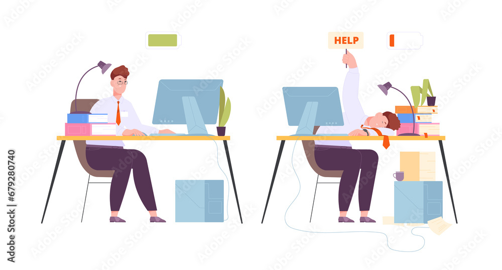 Burnout computer work. Mental health overwork exhausted tired comparison worker, stress lifestyle at office desk, productivity employee battery energy Burnout computer work. Mental health overwork exhausted tired comparison worker, stress lifestyle at office desk, productivity employee battery energy