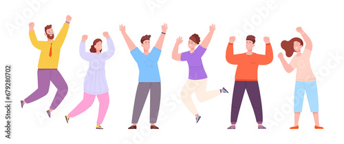 Friends celebrating win. Happy people celebrate success in achievement business goals, lucky team winners jumping excited, community victory persons flat splendid png illustration photo