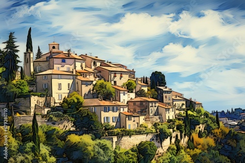 Pienza, Tuscany, Italy. Digital painting of the old town, Saint Paul de Vence, AI Generated photo