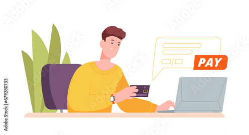 Man pays by card for ecommerce. Person thinking paying goods online by entering credit cards details in laptop to purchase, accounting internet payment