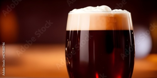 Dark Lager beer: bitter and sweeter as well as more malty, Altbier and Bock filled in the beer glass on the table, bokeh lights background, copy space photo