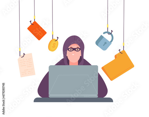 Cyber scammer. Hacker with laptop hacking computer security, online phishing personal data, internet crime fraud scam, virtual money thief