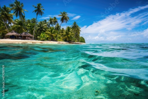 Tropical beach with coconut palm trees at Seychelles, San Andres & Providencia Islands Caribbean Colombia, AI Generated © Iftikhar alam