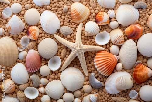 Seashells and starfish on sand background. Top view, Sandy beach with collection of seashells and starfish as natural textured background, AI Generated