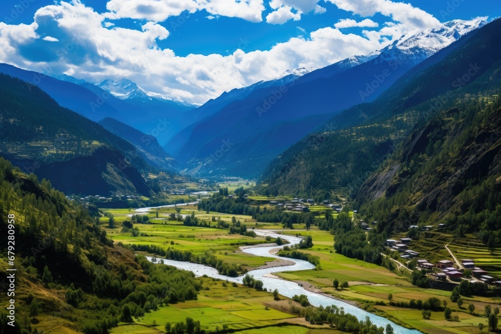 Fototapeta premium Beautiful view of the valley and the river in the Himalayas, Scenic View of the Paro Valley, AI Generated