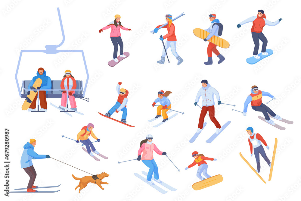 People riding skis and snowboards. Cartoon skiers family snowboarders, winter sport mountain resort downhill freeride on chairlift snow slope, travel activity swanky png - obrazy, fototapety, plakaty 