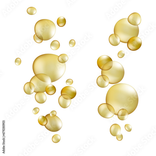Gold oil bubbles. Realistic cosmetic pill keratin capsules collagen serum, 3d oily bubble castor, yellow essence jojoba, vitamin care skin and hair, transparent tidy png