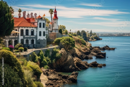 Landscape with the image of a castle on the coast of the sea, Scenic view in Cascais, Lisbon district, Portugal, AI Generated photo