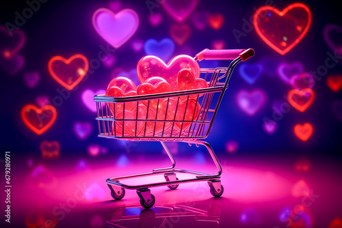 A shopping cart with glowing red hearts under neon lights. Valentine's Day.