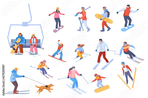 People riding skis and snowboards. Cartoon skiers family snowboarders, winter sport mountain resort downhill freeride on chairlift snow slope, travel activity swanky png photo
