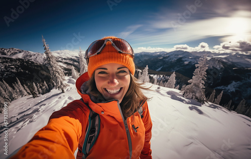 On vacation at a winter sports resort, a young woman equipped for hiking in the snow takes a selfie in front of a magnificent mountain landscape. Generative ai