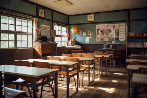 Vintage interior of an old school classroom with tables and chairs, School classroom with school desks and blackboard in Japanese high school, AI Generated