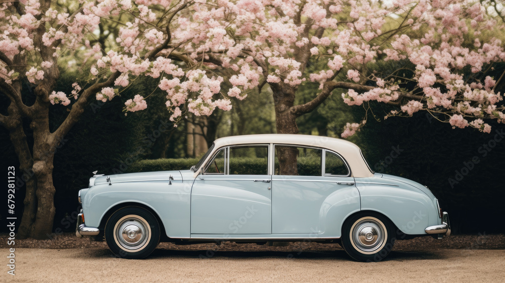 Minimalistic Wedding Photo of Tranquil Blush and Light Blue Garden Wedding Car Minimalistic Wedding Photo of Tranquil Blush and Light Blue Garden Wedding Car