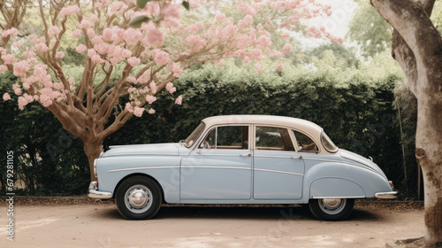 Minimalistic Wedding Photo of Tranquil Blush and Light Blue Garden Wedding Car © Nika