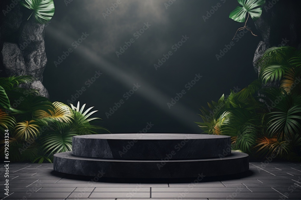 antique stone round podium overgrown with uneven cracks. ideal for presentations. around the bright tropical jungle in a luxury dark background