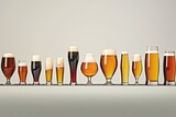 Many different types of beer in glass on grey background with copy space, series of beer glasses in various shapes and sizes, filled with different beer styles, AI Generated