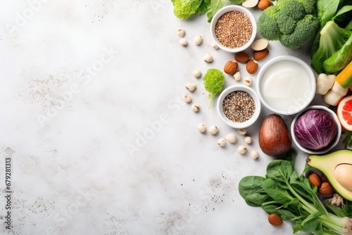 Healthy food clean eating selectionle background. Top view with copy space, Selection of healthy rich fiber sources vegan food for cooking, top view on a white stone, AI Generated