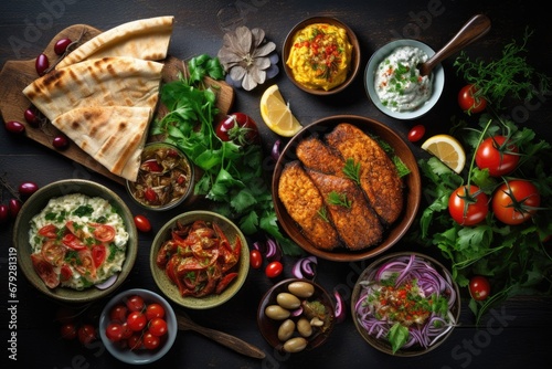 Traditional Middle Eastern appetizers on dark wooden background. Top view  Selection of traditional greek food  salad  meze  pie  fish  tzatziki  dolma on wood background  top view  AI Generated