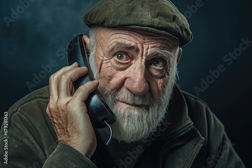 Portrait of an elderly man with a gray beard talking on the phone, Senior Man on Phone Call, AI Generated