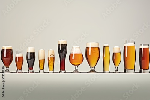Many different types of beer in glass on grey background with copy space, series of beer glasses in various shapes and sizes, filled with different beer styles, AI Generated photo