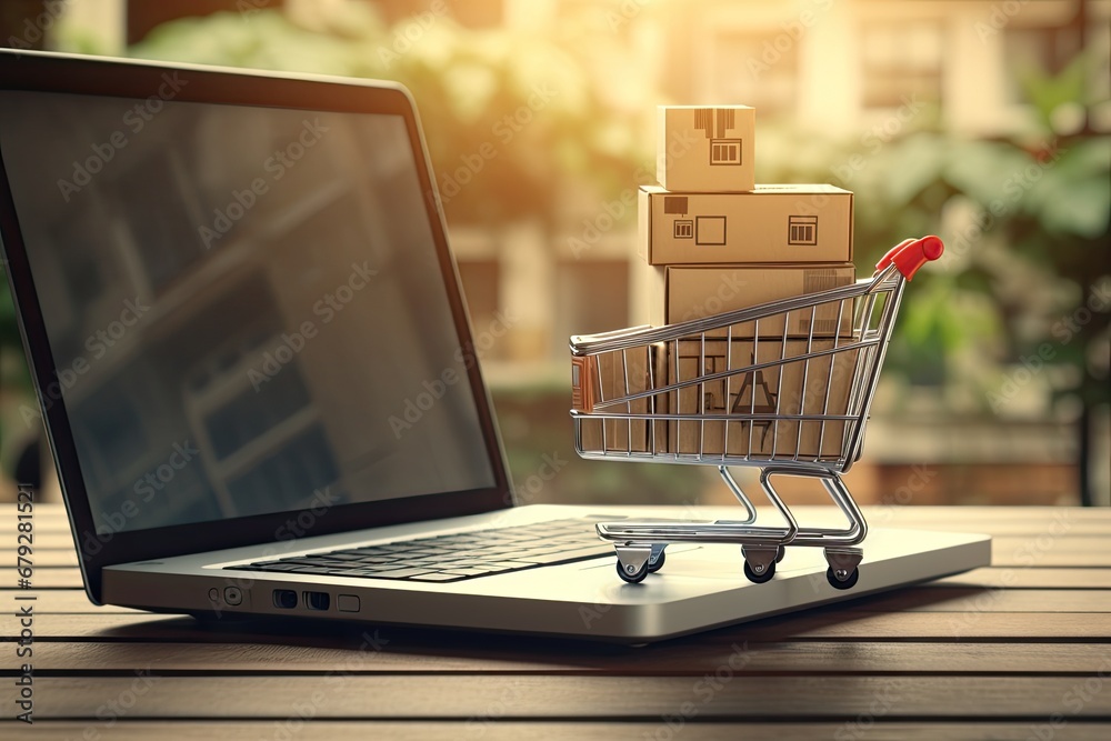 Shopping cart with boxes on laptop screen. Online shopping concept. 3D Rendering, Shopping cart with boxes on laptop screen. Online shopping concept, AI Generated