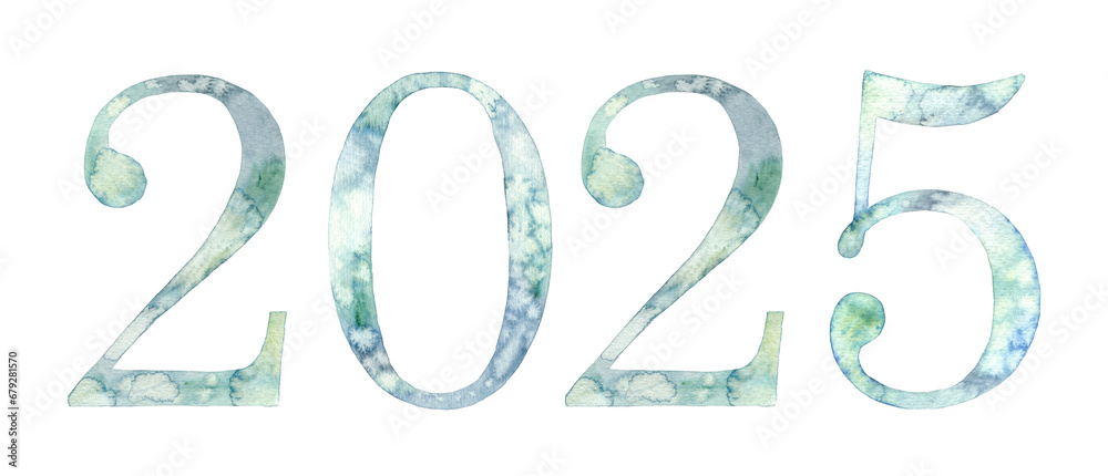 Watercolor hand drawn lettering isolated. Handwritten message vertical. Numbers date year 2025. Can be used as a print, for cards, banner or poster.