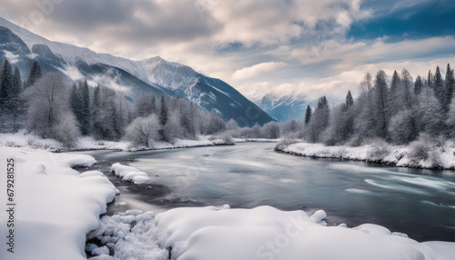 Winter Majesty  Mountain River and Snowy Landscape