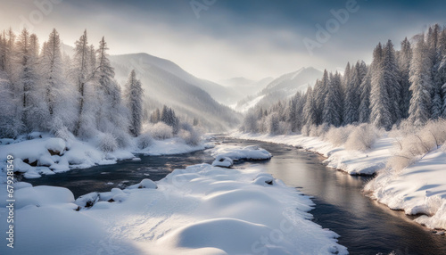 Winter Majesty: Mountain River and Snowy Landscape © Abood