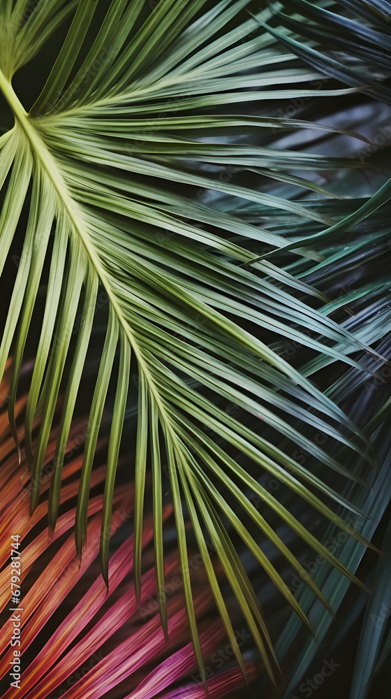 Fototapeta premium Tropical exotic palm leaves background. Aesthetic minimal floral composition