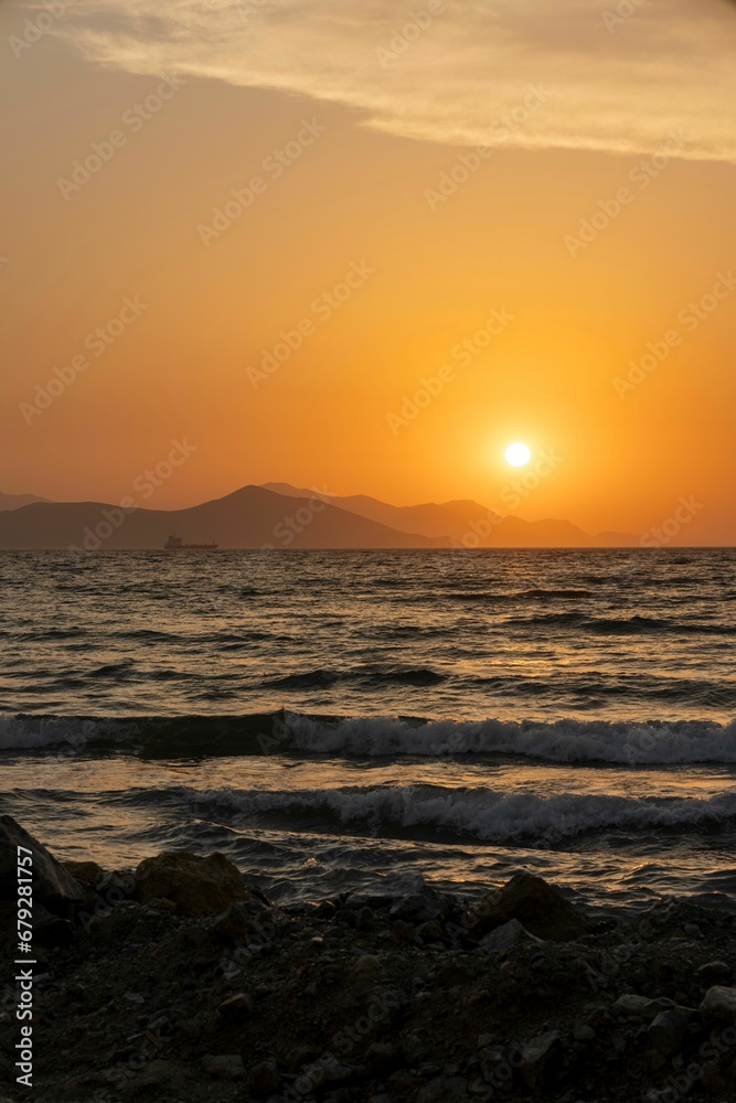 Vibrant sunset over a sea horizon in Kos, Greece