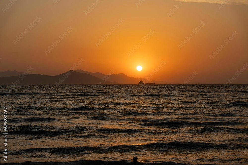 Vibrant sunset over a sea horizon in Kos, Greece