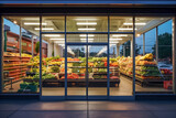 Modern grocery storefront, vibrant produce display, city street view.