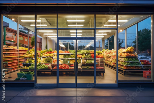 Papier peint Modern grocery storefront, vibrant produce display, city street view