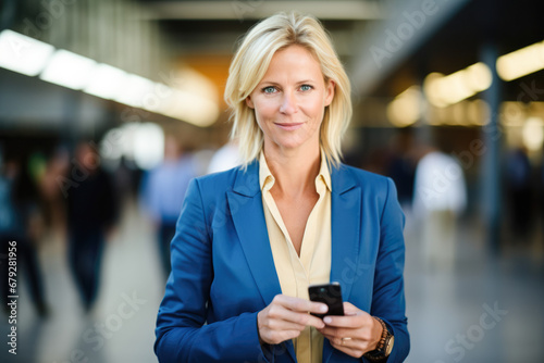 Business woman with cell phone smiling in an airport.